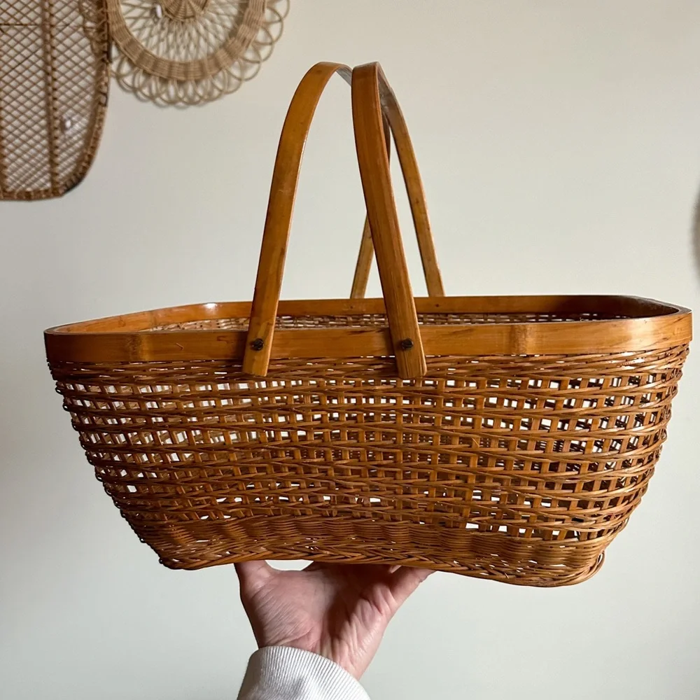 Large Bamboo Rattan Shopping Basket Vintage Bohemian Cottage Core Farmhouse